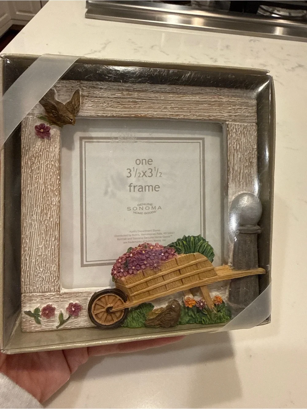 Sonoma Home Goods Cottage Garden Photo Frame NIP 3.5x3.5 Wheelbarrow Bird Floral